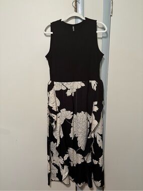 Sleeveless Black and Cream Floral Midi Dress